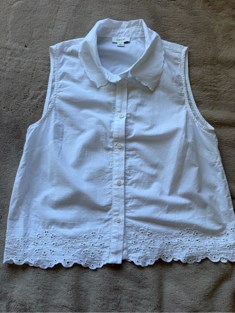 CeCe White Sleeveless Eyelet Hem Button-Front Blouse